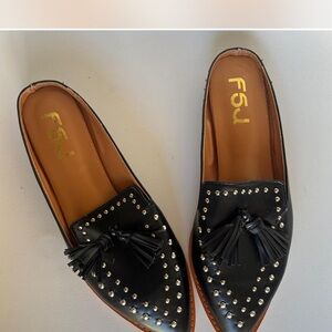 FSJ Black Studded Tassel Slip-On Loafers